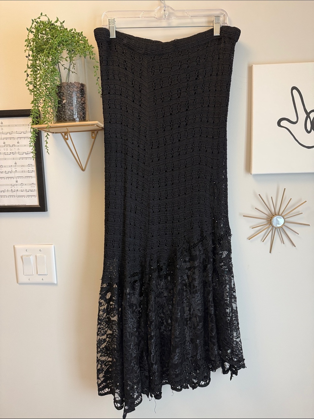 Black Crochet Beaded Lace Midi Skirt